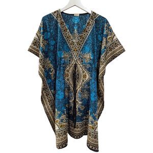 Asha India Blue and Gold Patterned Kaftan Short Sleeve Boho Dress One Size